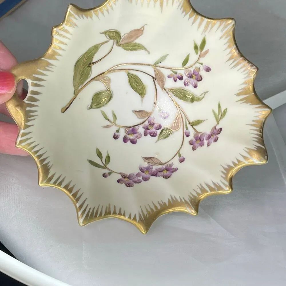 Antique Porcelain Nappy Dish hand painted floral Gold accents